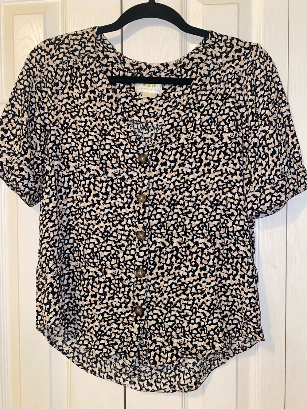 Maeve Black and Cream Cheetah Print Button-up Short Sleeve Blouse